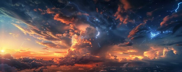 Fototapeta premium Lightning bolts dancing across twilight sky, 4K hyperrealistic photo