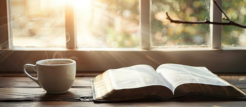 Close up of an open Bible beside a coffee cup on a wooden table with a window light creating a serene Christian background in the copy space image
