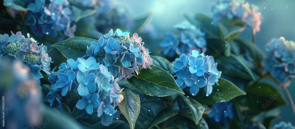 Fototapete Beautiful hydrangea flowers in a garden with a selected focus on French Hydrangea macrophylla or Hortensia blooms creating a serene copy space image