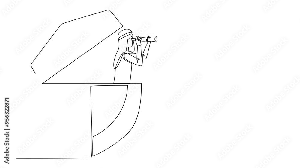 Poster animation of single continuous line drawing arab businessman emerges from shield look for something 