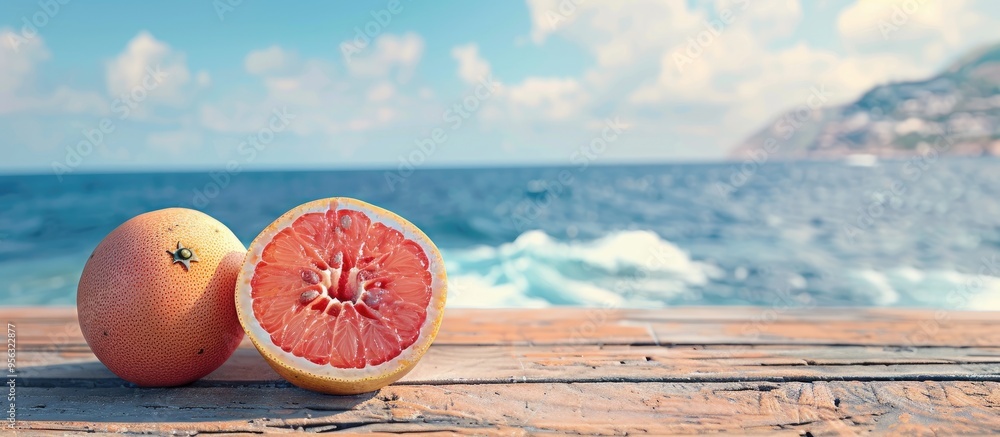 Poster fresh grapefruit halves on a wooden table with a scenic sea and sky background for a copy space imag