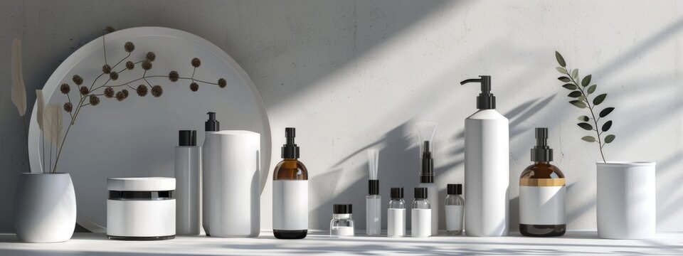 Minimalist skincare products in white bottles with natural elements
