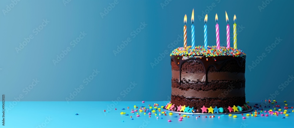 Aufkleber a birthday cake with chocolate frosting colorful sprinkles and seven lit candles on top set against 