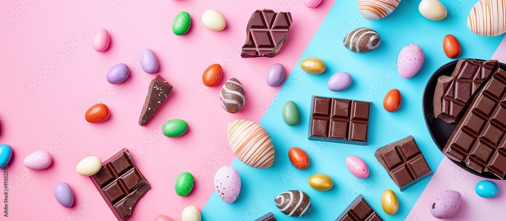Poster easter themed candies chocolates and sweets on colorful backdrop with minimalist style top view with