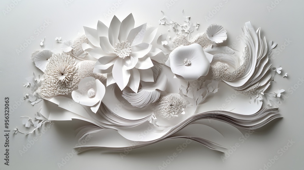Poster 38. fluid, organic paper forms layered in a dynamic, three-dimensional arrangement with intricate de