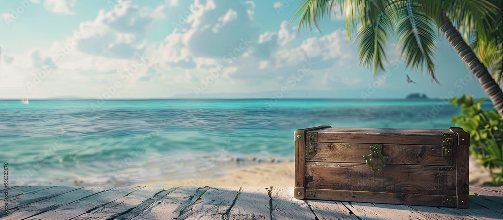 Aufkleber wooden trunk used as a table background on a tropical beach with inviting copy space image for showc