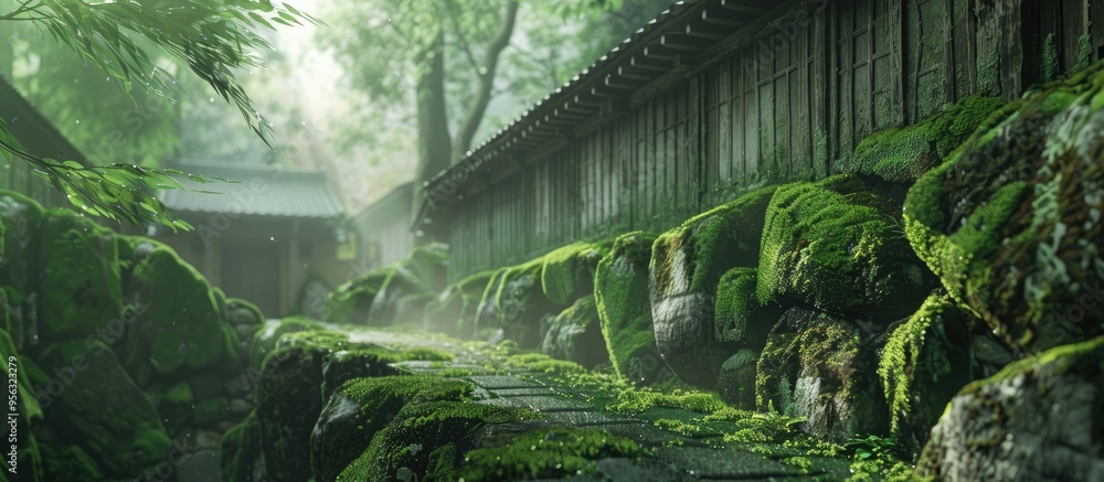 Poster ancient japanese building featuring moss covered stone walls in a serene setting with copy space ima