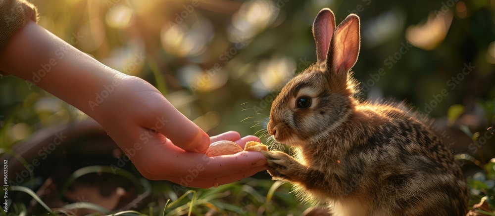 Poster feed the rabbit while holding food in your hand. creative banner. copyspace image