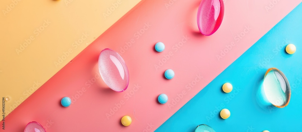Poster Brightly colored paper background with amino acids capsules close up with soft focus enhancing the copy space image