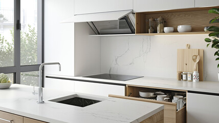 a minimalist kitchen with white quartz countertops and hidden storage