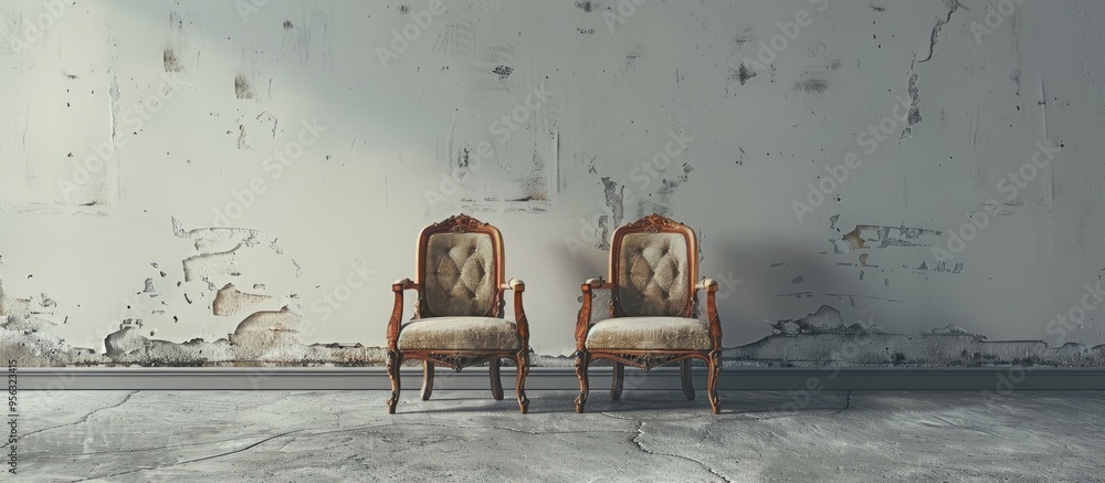 Aufkleber a pair of antique chairs placed on a plain concrete surface with copy space image