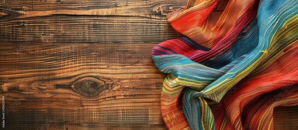 Aufkleber colorful tablecloth on a wooden surface with fabric and wood textures creates a vibrant background a