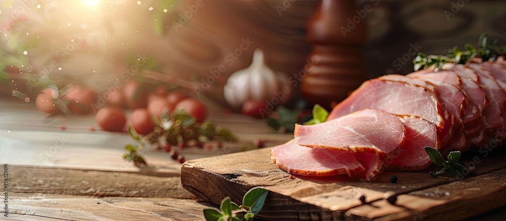 Aufkleber Fresh ham slice on a rustic table with copy space image in the background