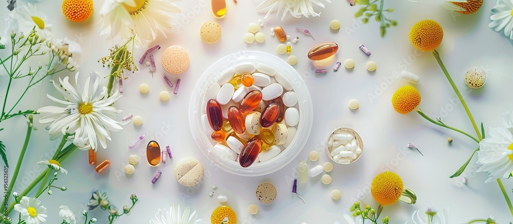 Aufkleber Flat lay view from above showing alternative homeopathic remedies herbal supplements healthcare items and pills neatly arranged in a container with an opened protective membrane creating a copy space