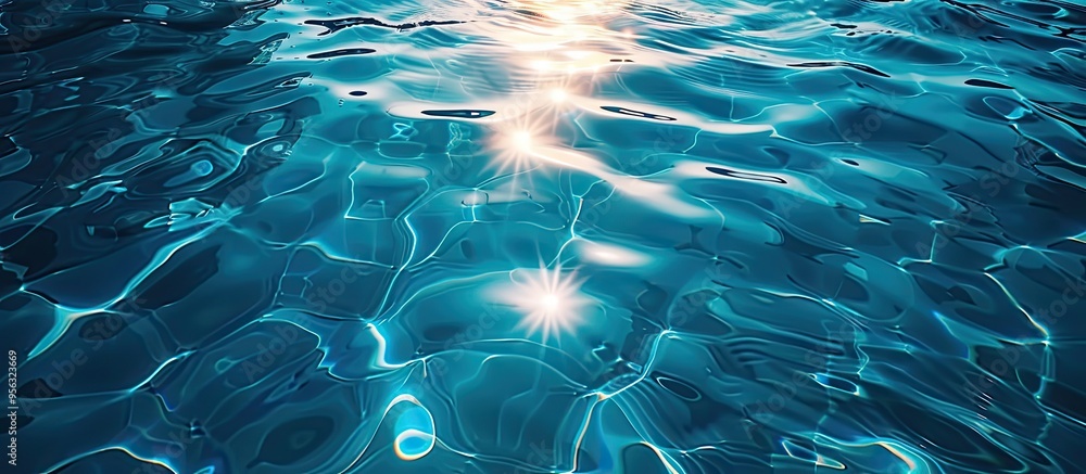 Poster Blue swimming pool pattern with sun reflection on the water surface provides a serene copy space image