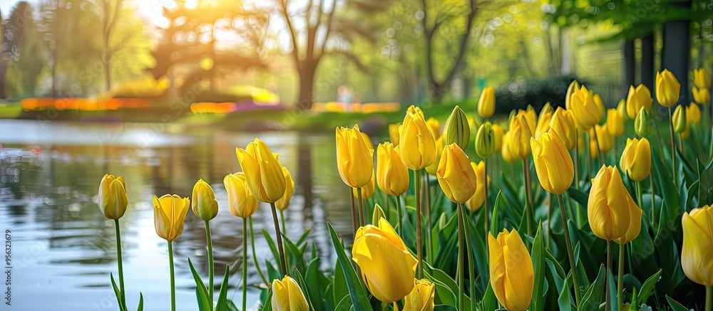 Poster bright yellow tulips blooming in the park provide a vibrant and colorful display against a serene ba
