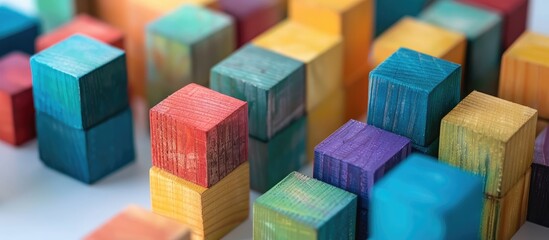 Obraz premium Business concept shown with colorful wooden blocks arranged randomly against a white backdrop with selective focus on some blocks providing copy space image