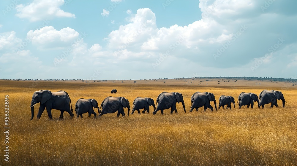 Poster a majestic herd of elephants calmly walking across the vast serene savannah landscape with ample cop