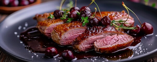 Pan-seared duck breast with cherry sauce, 4K hyperrealistic photo
