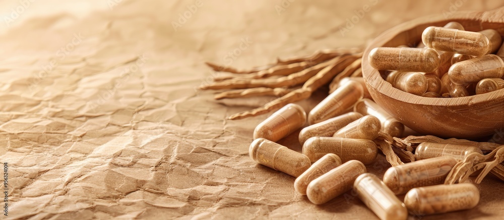 Poster Soft focus close up of Ashwagandha Withania somnifera capsules against a paper background with copy space image