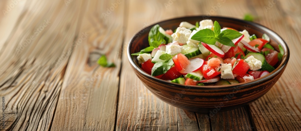 Poster fresh vegetable salad with radish and feta cheese in a bowl on a wooden background ideal for copy sp