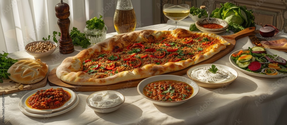Poster A table featuring a variety of Turkish pide ayran and salad with empty space for adding additional items in the image