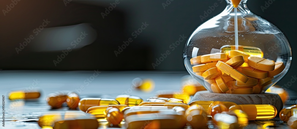 Aufkleber selective focus on various yellow pills vitamins and capsules set against an hourglass symbolizing h