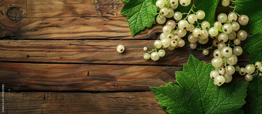 Fototapete Top view of white currant berries and green leaf arranged on a wooden table with a designated area for text in the image. Creative banner. Copyspace image