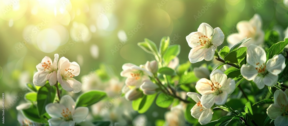 Poster Spring has arrived with the first flowers blossoming beautifully against a lush green background in the copy space image