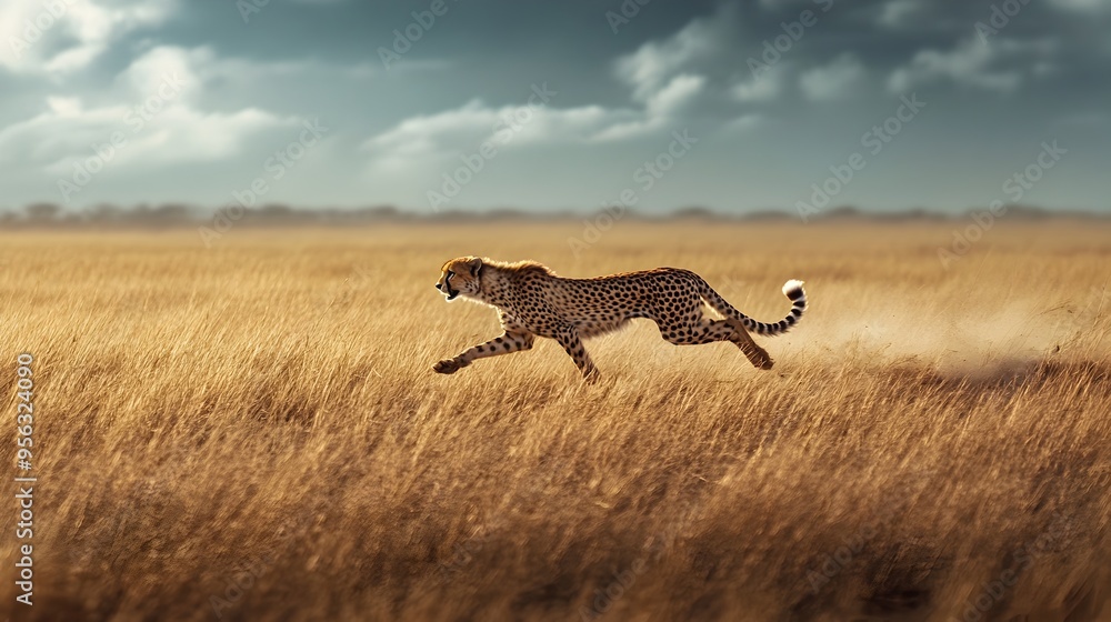 Poster majestic cheetah sprinting across the vast open plains with ample copy space for your design or text