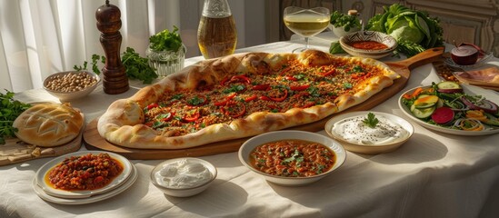 A table featuring a variety of Turkish pide ayran and salad with empty space for adding additional items in the image