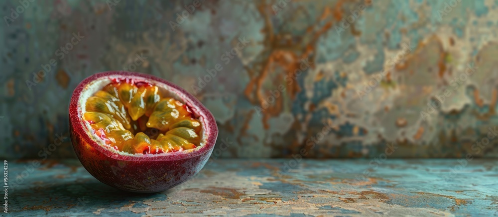 Poster a vibrant passionfruit sliced on a textured kitchen counter part of a wholesome diet photographed up