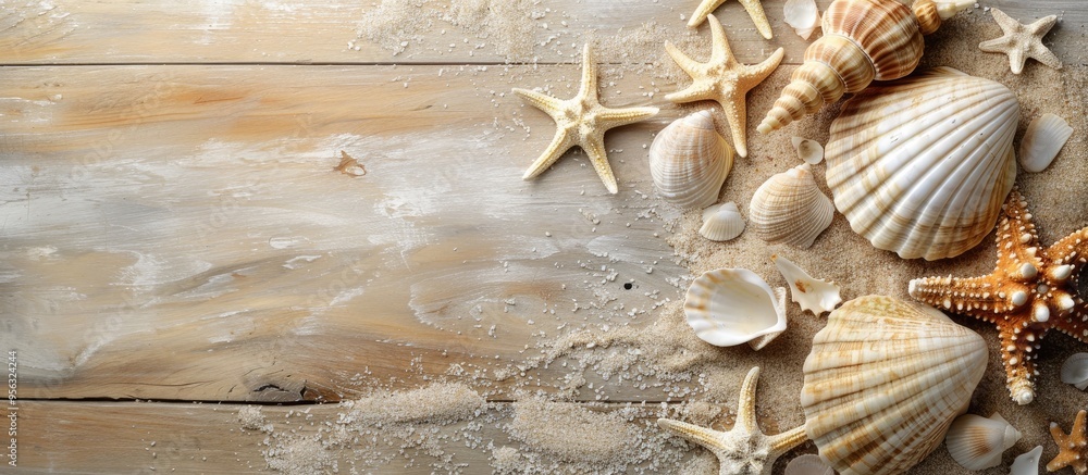 Poster Table background with sea shells or starfish representing a summer theme ideal for texts with a copy space image