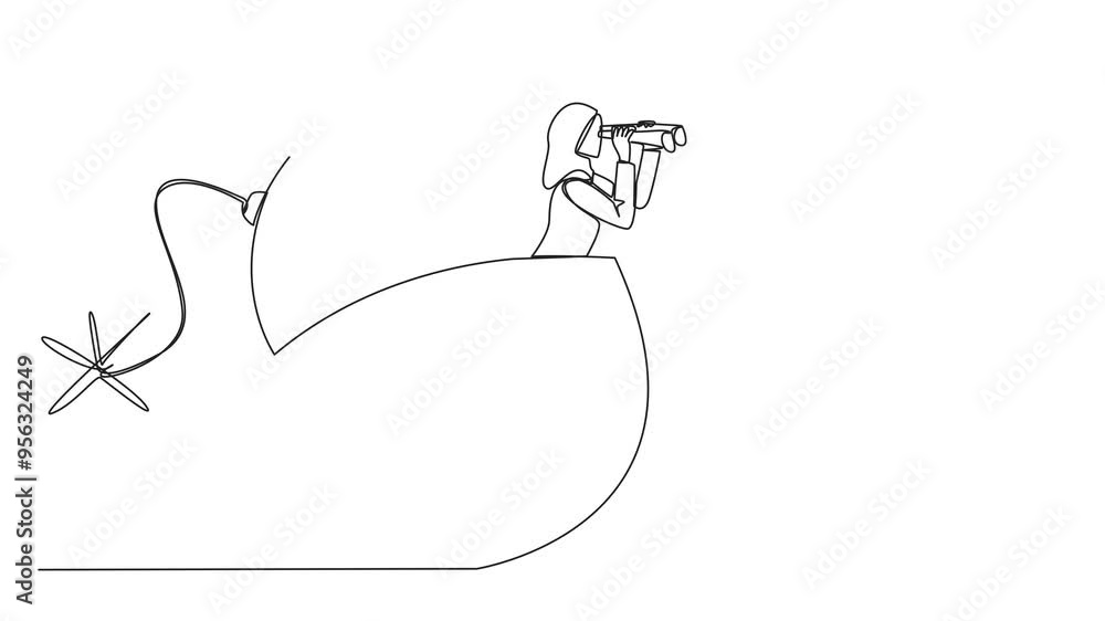 Poster self drawing animation of continuous one line drawing arabian businesswoman emerges from a bomb with
