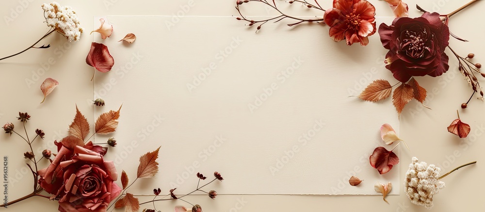 Leinwandbilder from an overhead view a blank sheet of paper with a floral design on a beige background is available