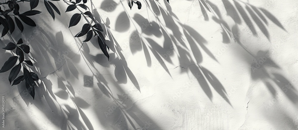 Poster abstract black and white background of leaf shadows on a concrete wall with empty copy space image