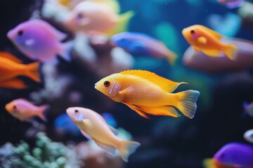 Fototapeta premium A vibrant orange fish swimming in a tank with other colorful fish.