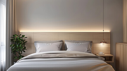 an image of a minimalist bedroom with a sleek headboard and simple decor