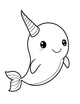 recommend clip art: Kawaii cute narwhal coloring page on a white background, in a simple line art style with thick lines.