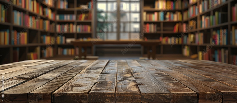 Aufkleber a wooden table with no items on top set against a library backdrop at a school provides space for pr