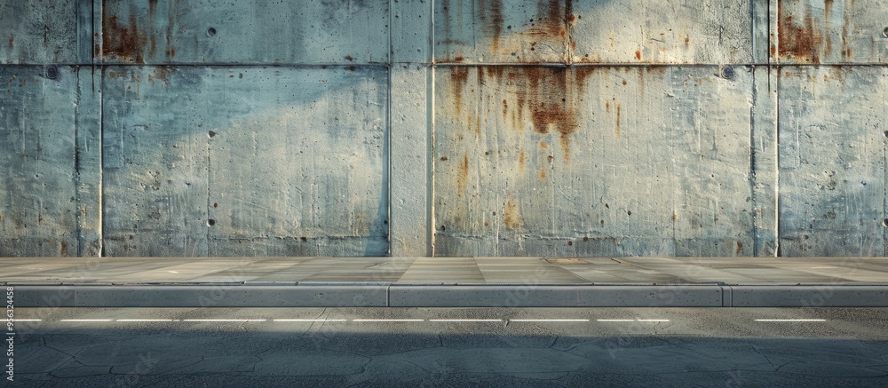 Leinwandbilder a grungy concrete wall with a building facade in the background a sidewalk and asphalt road in front