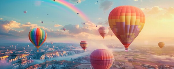 Fototapeta premium Rainbow over colorful hot air balloons, 4K hyperrealistic photo