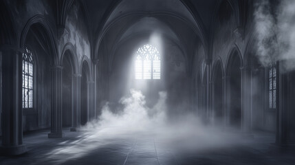 Fototapeta premium Pusta, ogromna sala w stylu renesansowym z mrocznym gotyckim oświetleniem i mgłą. 