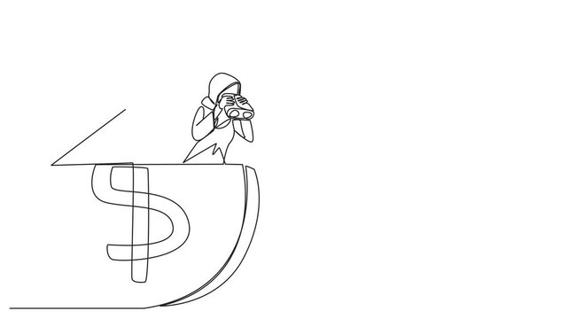 Animated self drawing single one line drawing Arab businesswoman emerges from dollar symbol coin look for something with binoculars. Look for money to share as sign of gratitude. Full length animation