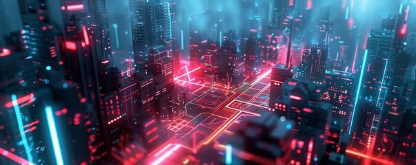 Fototapeta premium Futuristic 3D city with glowing elements, 4K hyperrealistic photo