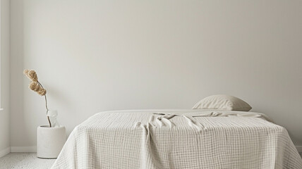 an image of a minimalist bedroom with a white bedspread and a single decor item