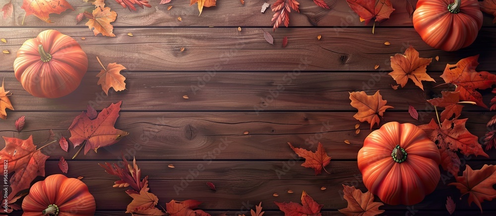 Poster a fall themed arrangement with pumpkins and colorful leaves on a rustic brown wooden backdrop perfec