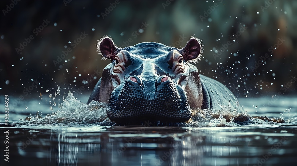 Aufkleber majestic hippopotamus emerging from the water with its powerful head and face visible leaving a calm