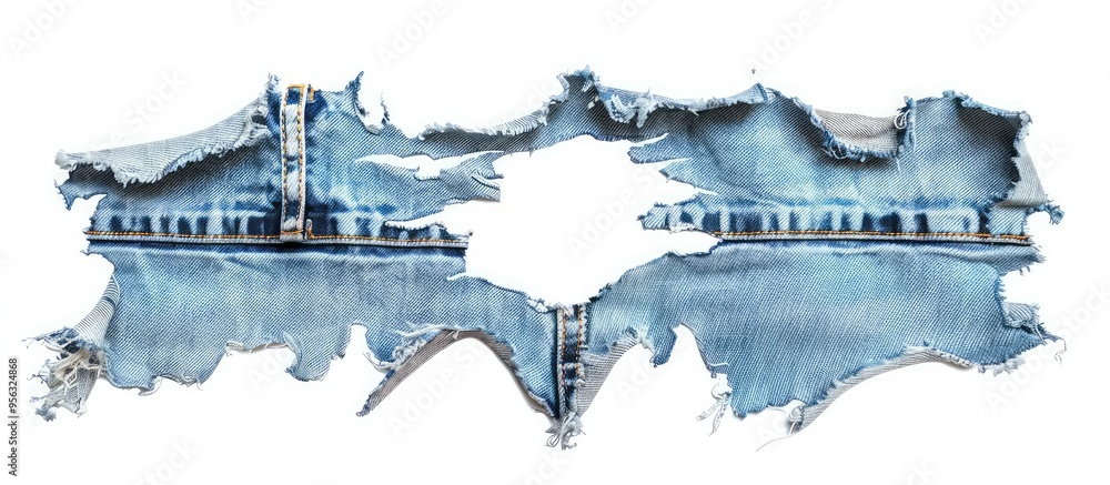 Poster ripped jeans displayed on a white background with a hole in the denim fabric ideal for a copy space 