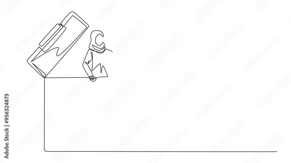 Aufkleber self drawing animation of single continuous line drawing arab businesswoman emerges from clipboard l